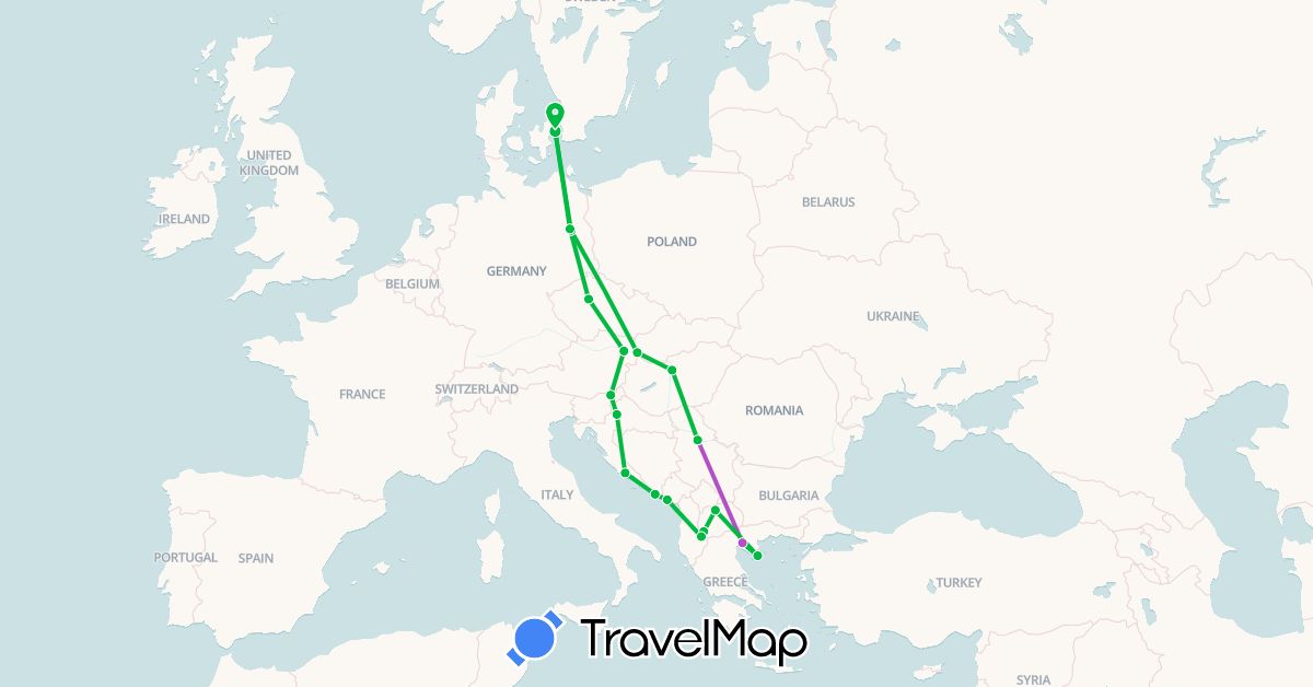 TravelMap itinerary: driving, bus, train in Albania, Austria, Czech Republic, Germany, Denmark, Greece, Croatia, Hungary, Montenegro, Macedonia, Serbia, Slovenia, Slovakia (Europe)
